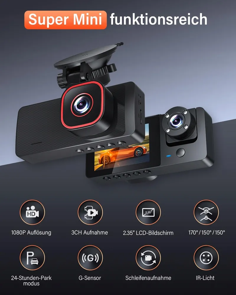 BESTSEE Dashcam 1080P Voor Achter Binnen 64GB SD-kaart WDR — foto 2