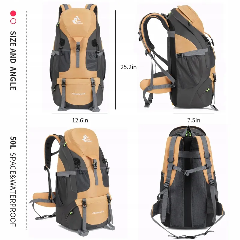 BSEASH Lichte Waterdichte Wandelrugzak 50L Outdoor Goud — foto 2