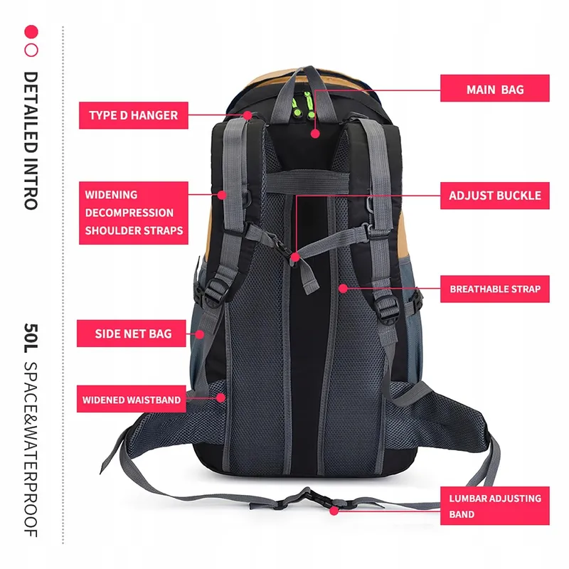 BSEASH Lichte Waterdichte Wandelrugzak 50L Outdoor Goud — foto 7