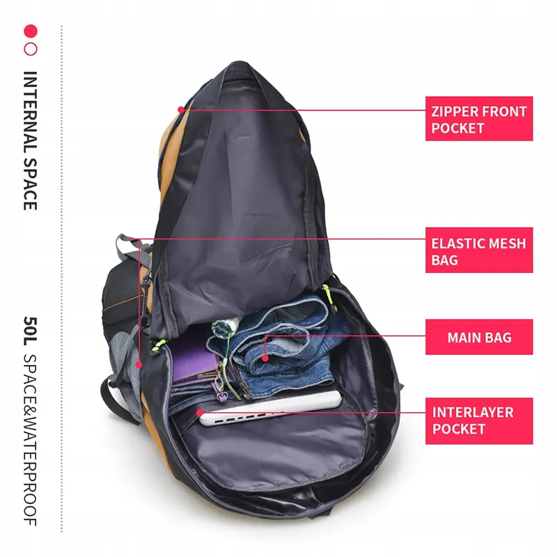 BSEASH Lichte Waterdichte Wandelrugzak 50L Outdoor Goud — foto 5