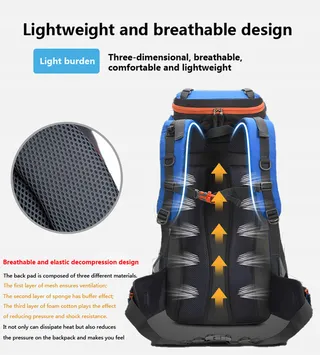 BSEASH Wandelrugzak 60L Waterdicht Licht Reizen Blauw — miniatuur 6