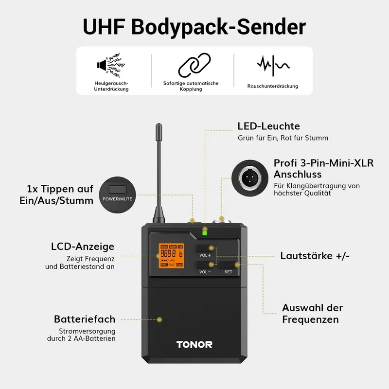 TONOR Draadloos UHF Microfoonsysteem Handheld Headset — foto 5