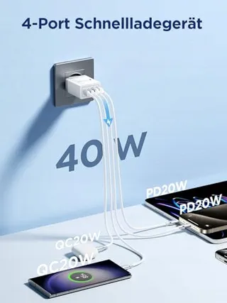 AIONEUS USB C Oplader 4 Poorten Snelladen 40W iPhone Android — miniatuur 2