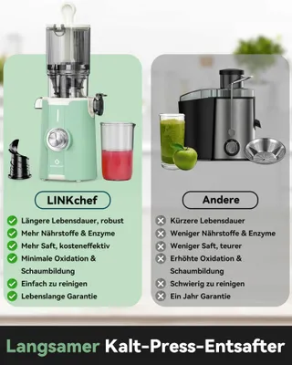 LINKCHEF Slowjuicer Voor Groente En Fruit BPA-vrij 200W Lichtgroen — miniatuur 2