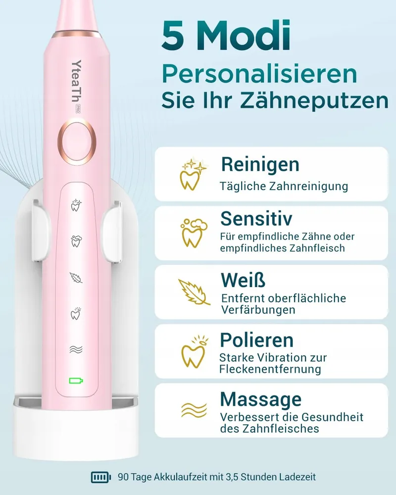 Elektrische Tandenborstel Roze 8 Opzetstukken 5 Standen 90 Dagen — foto 8