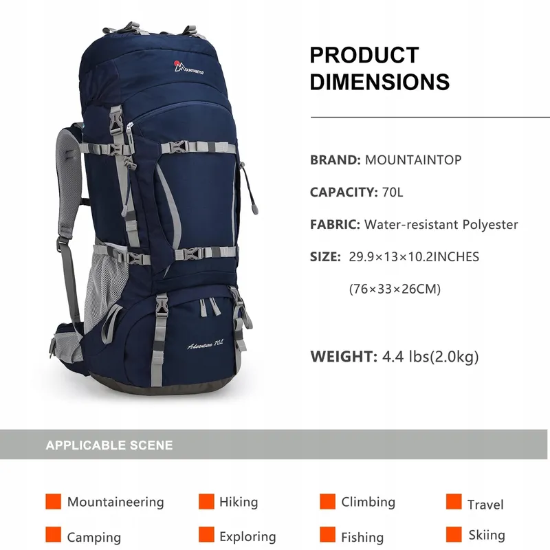 MOUNTAINTOP Trekkingrugzak 70L Regenhoes Blauw — foto 2