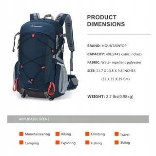 MOUNTAINTOP Trekkingrugzak 40L Unisex Regenhoes Blauw Oranje — miniatuur 2