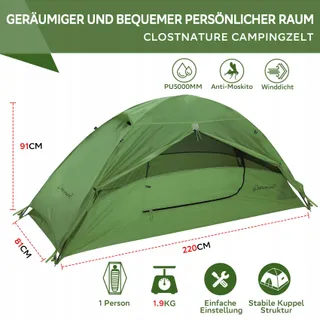 CLOSTNATURE Lichte Waterdichte 1-Persoonstent voor Trekking Bikepacking — miniatuur 2