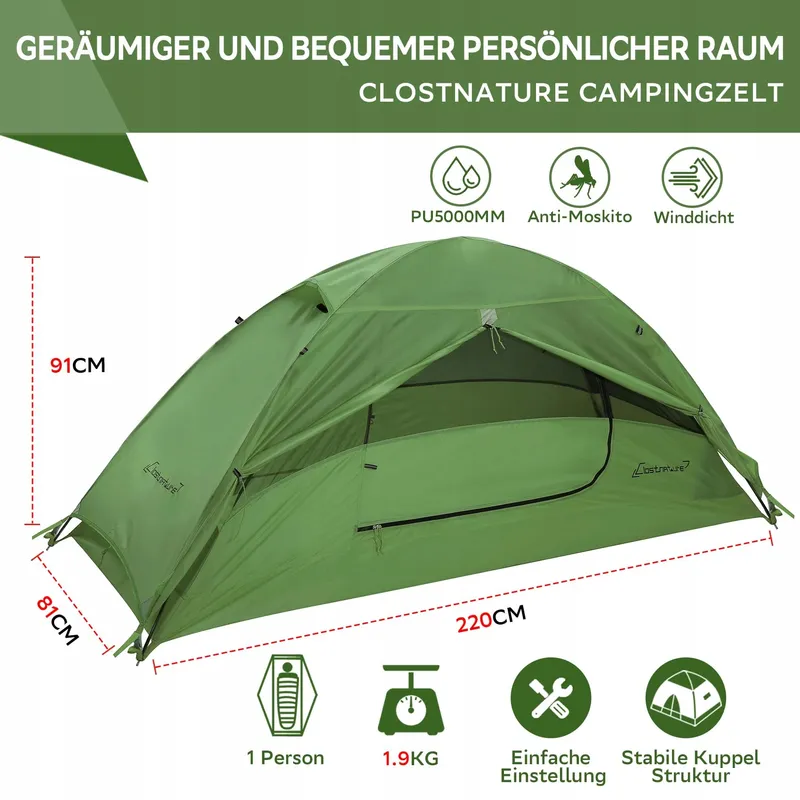 CLOSTNATURE Lichte Waterdichte 1-Persoonstent voor Trekking Bikepacking — foto 2