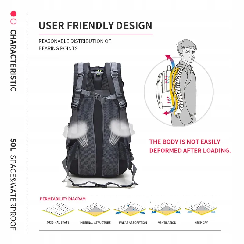 BSEASH 50L Lichte Waterdichte Wandelrugzak Outdoor Rood — foto 6