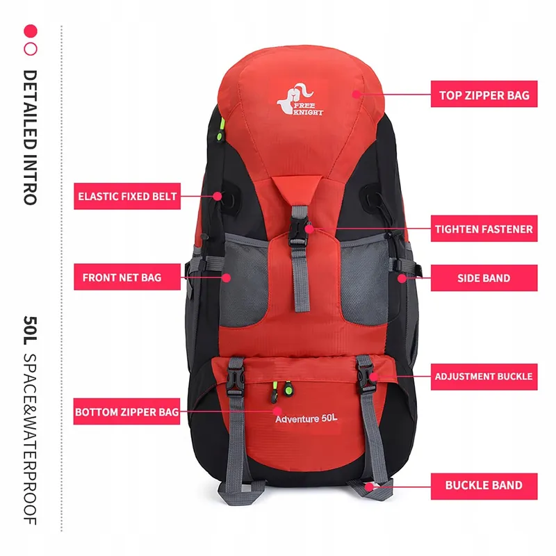 BSEASH 50L Lichte Waterdichte Wandelrugzak Outdoor Rood — foto 7