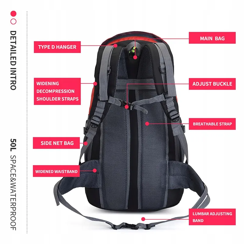 BSEASH 50L Lichte Waterdichte Wandelrugzak Outdoor Rood — foto 8