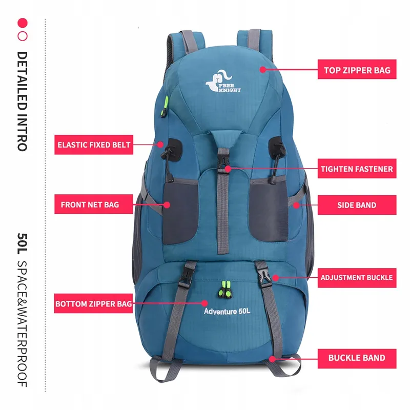 BSEASH Wandelrugzak 50L Waterdicht Licht Wandelen Camping Reizen — foto 3