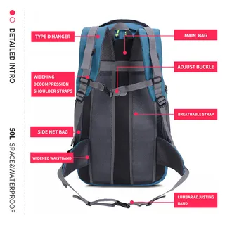 BSEASH Wandelrugzak 50L Waterdicht Licht Wandelen Camping Reizen — miniatuur 9
