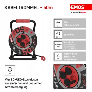 EMOS Kabelhaspel 50m Staal 4 Stopcontacten Waterdicht IP44 — miniatuur 2