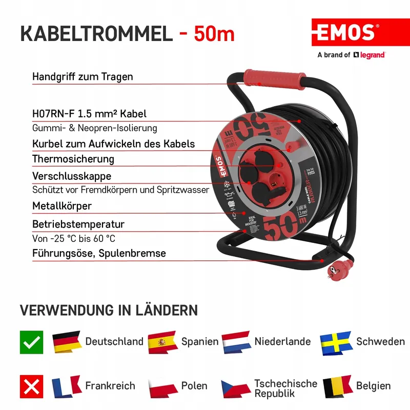 EMOS Kabelhaspel 50m Staal 4 Stopcontacten Waterdicht IP44 — foto 3