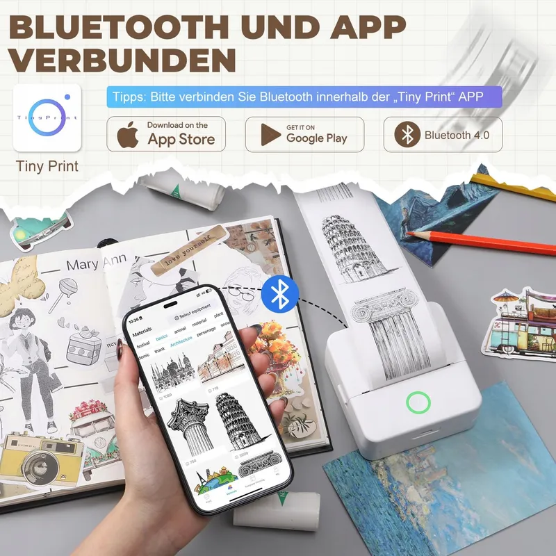 PRAOAHEI Mini Thermische Printer Bluetooth Foto's Notities Wit — foto 2