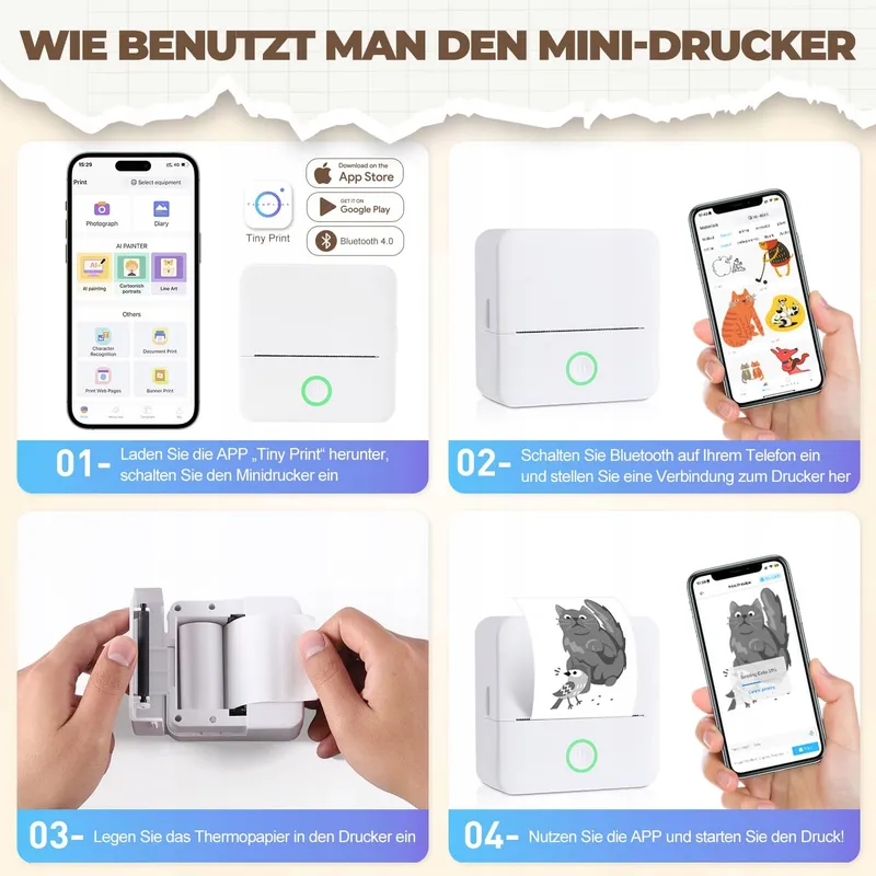 PRAOAHEI Mini Thermische Printer Bluetooth Foto's Notities Wit — foto 4