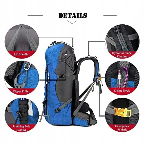 BSEASH Wandelrugzak 60L Waterdicht Licht Regenhoes Blauw — foto 4