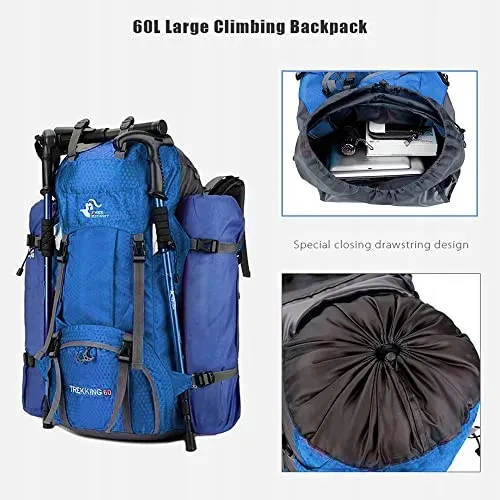 BSEASH Wandelrugzak 60L Waterdicht Licht Regenhoes Blauw — foto 5