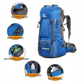 BSEASH Wandelrugzak 60L Waterdicht Licht Regenhoes Blauw — miniatuur 3