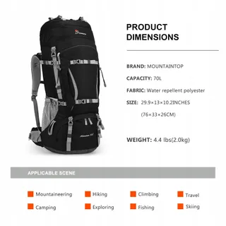 MOUNTAINTOP Trekkingrugzak 70L Waterdicht Heren Dames Camping — miniatuur 3