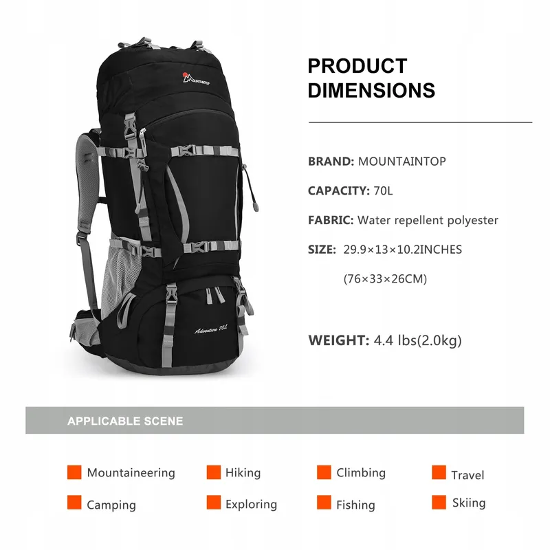 MOUNTAINTOP Trekkingrugzak 70L Waterdicht Heren Dames Camping — foto 3