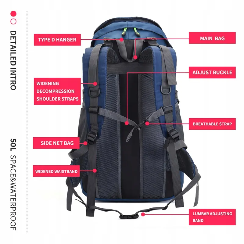 BSEASH 50L Lichte Waterdichte Wandelrugzak Blauw — foto 9