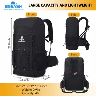 BSEASH Wandelrugzak 40L Licht Waterdicht Met Regenhoes Zwart — miniatuur 2