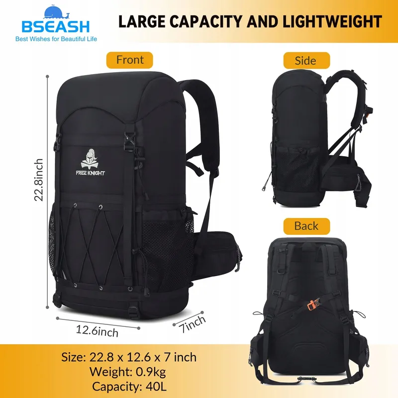 BSEASH Wandelrugzak 40L Licht Waterdicht Met Regenhoes Zwart — foto 2