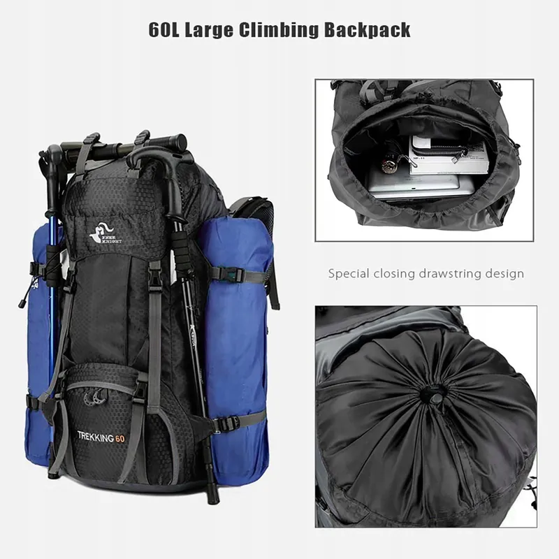 BSEASH Wandelrugzak 60L Waterdicht Licht Camping Reizen Zwart — foto 4