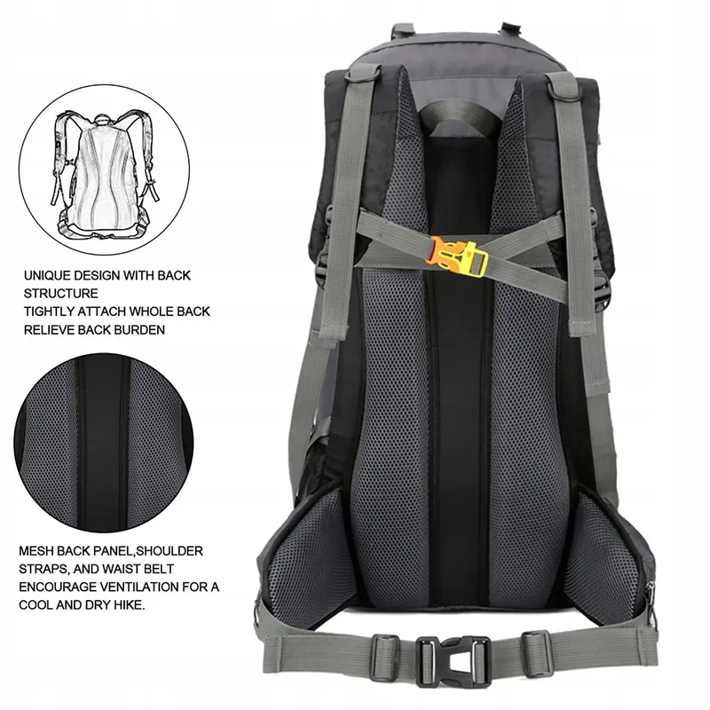 BSEASH Wandelrugzak 60L Waterdicht Licht Camping Reizen Zwart — foto 5