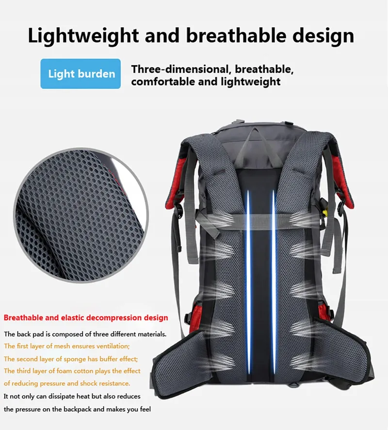 BSEASH Wandelrugzak 60L Waterdicht Licht Camping Reizen Zwart — foto 8
