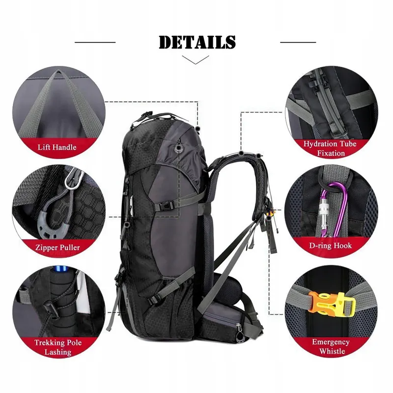 BSEASH Wandelrugzak 60L Waterdicht Licht Camping Reizen Zwart — foto 3