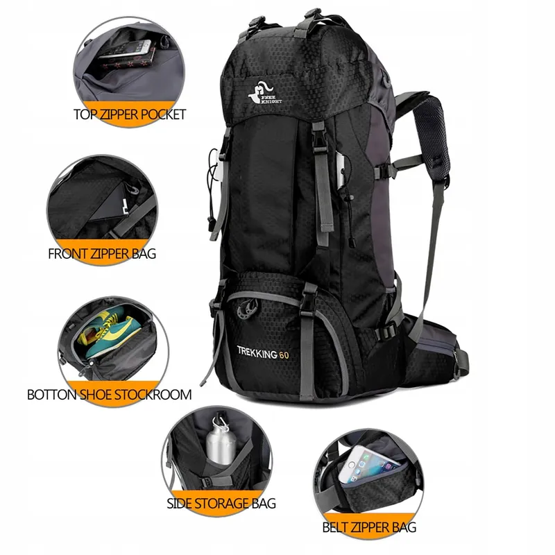 BSEASH Wandelrugzak 60L Waterdicht Licht Camping Reizen Zwart — foto 2