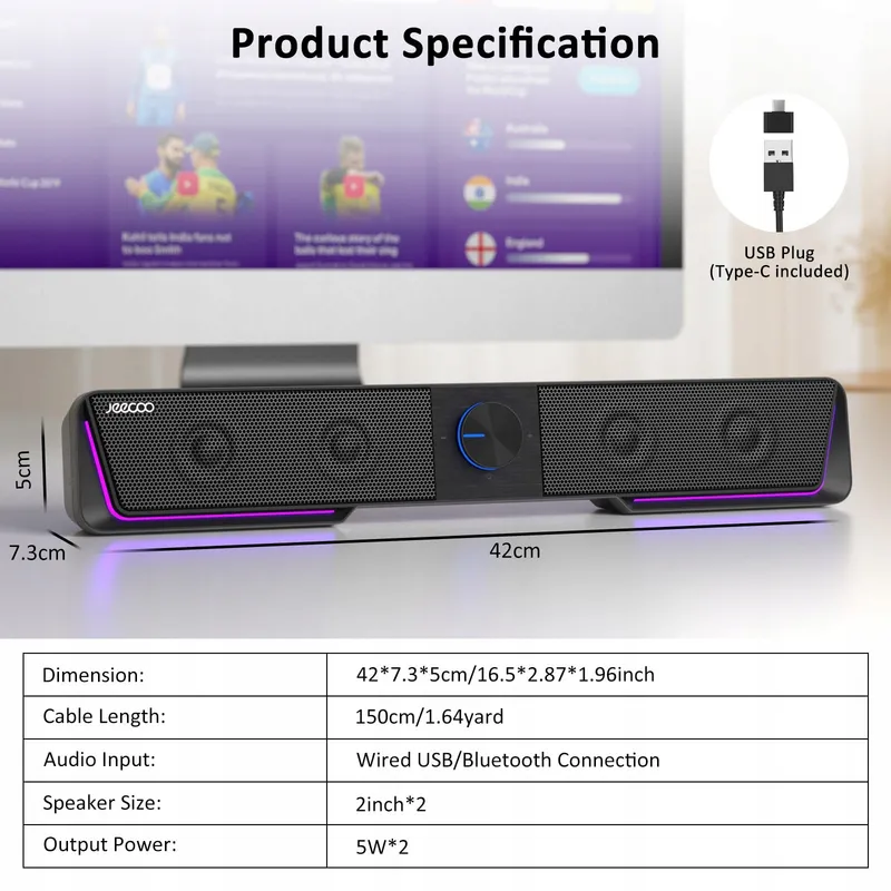 JECOO A40 USB Bluetooth Soundbar PC Zwart — foto 2
