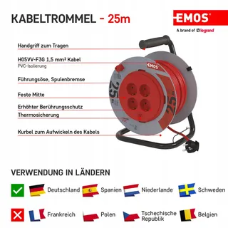 EMOS Kabelhaspel 25m 4 Schuko Stopcontacten 3000W Oververhitting — miniatuur 3