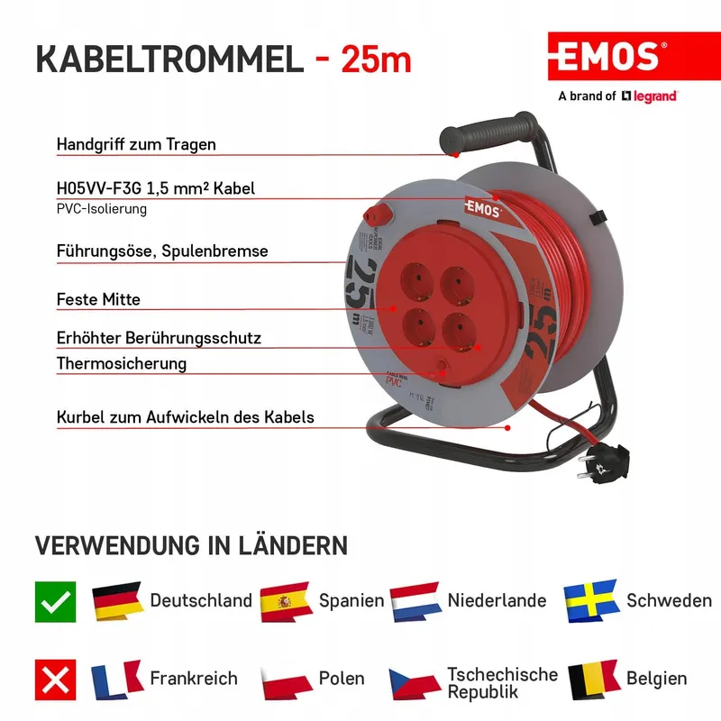 EMOS Kabelhaspel 25m 4 Schuko Stopcontacten 3000W Oververhitting — foto 3