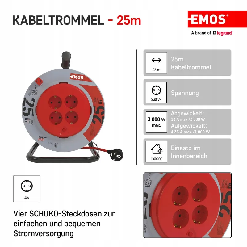 EMOS Kabelhaspel 25m 4 Schuko Stopcontacten 3000W Oververhitting — foto 2