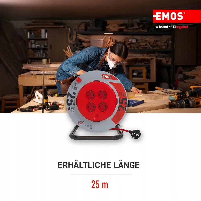 EMOS Kabelhaspel 25m 4 Schuko Stopcontacten 3000W Oververhitting — foto 4