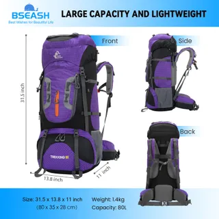 BSEASH Wandelrugzak 80L Waterdicht Lichtgewicht Reizen — miniatuur 2