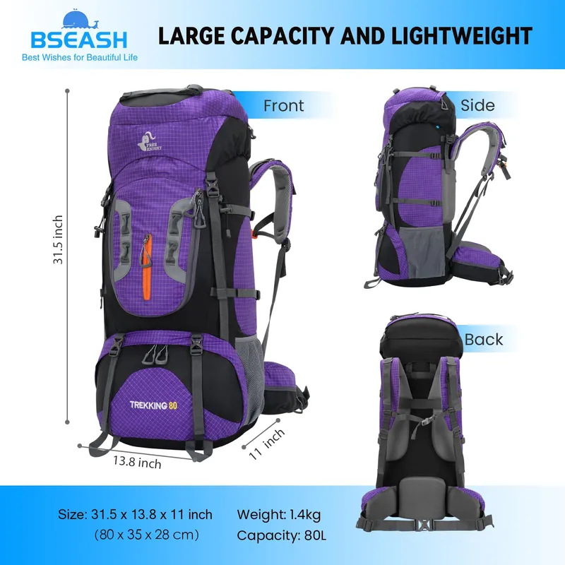 BSEASH Wandelrugzak 80L Waterdicht Lichtgewicht Reizen — foto 2