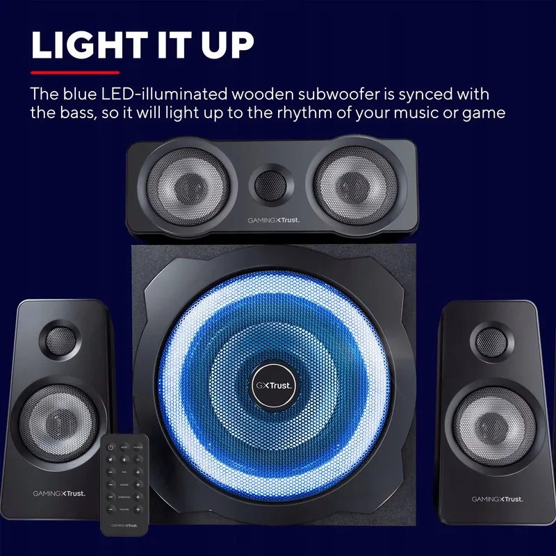 TRUST GAMING GXT 658 Tytan 5.1 Surround Speakers Subwoofer LED 180W — foto 4