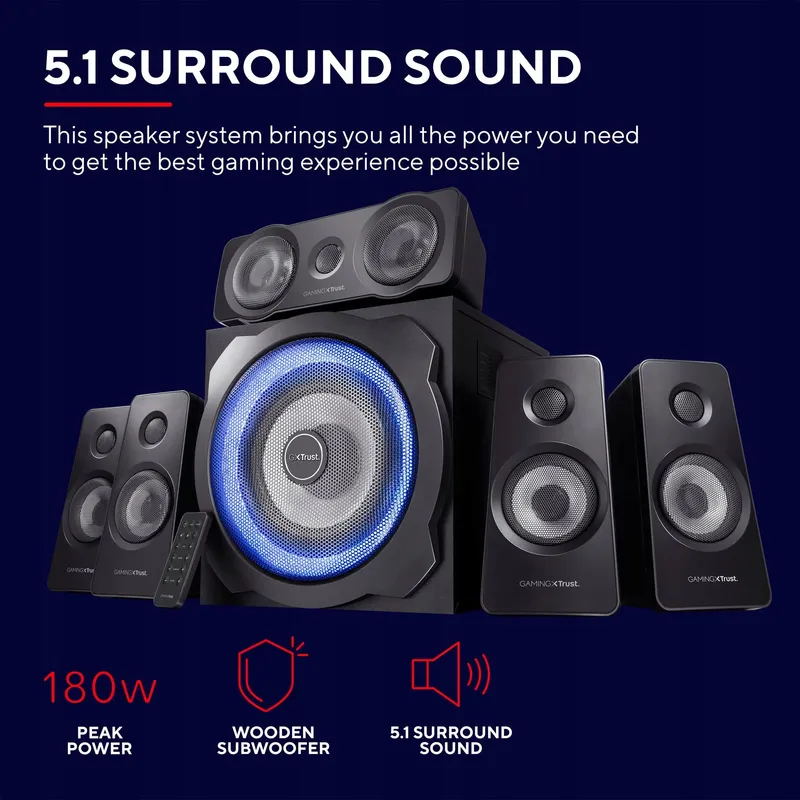 TRUST GAMING GXT 658 Tytan 5.1 Surround Speakers Subwoofer LED 180W — foto 2