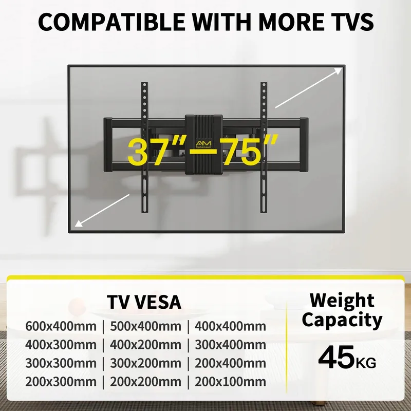 ALPHAMOUNT TV Wandbeugel 37-75" Kantelbaar 45kg VESA 200x100-600x400 — foto 6