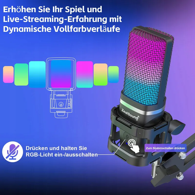 ZEALSOUND USB Microfoon RGB iPhone PC Mac PS5 Gaming Podcast — foto 4