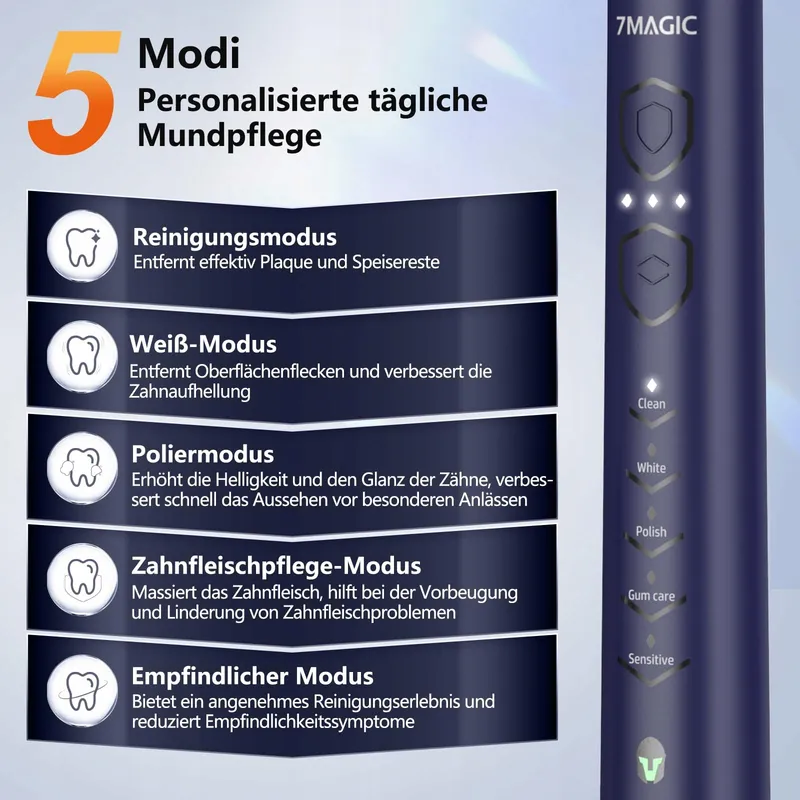 7MAGIC Sonische Tandenborstel Elektrisch 3 Intensiteiten 5 Modi — foto 3