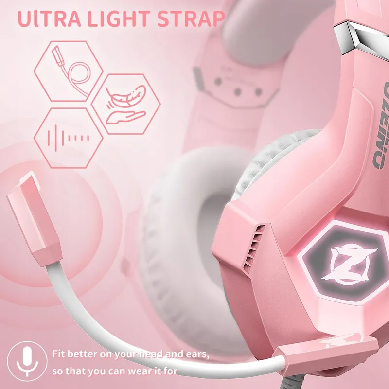 OZEINO Gaming Headset 3D Surround RGB Ruisonderdrukking Roze — foto 6