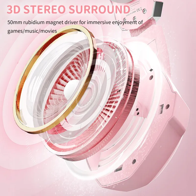 OZEINO Gaming Headset 3D Surround RGB Ruisonderdrukking Roze — foto 3