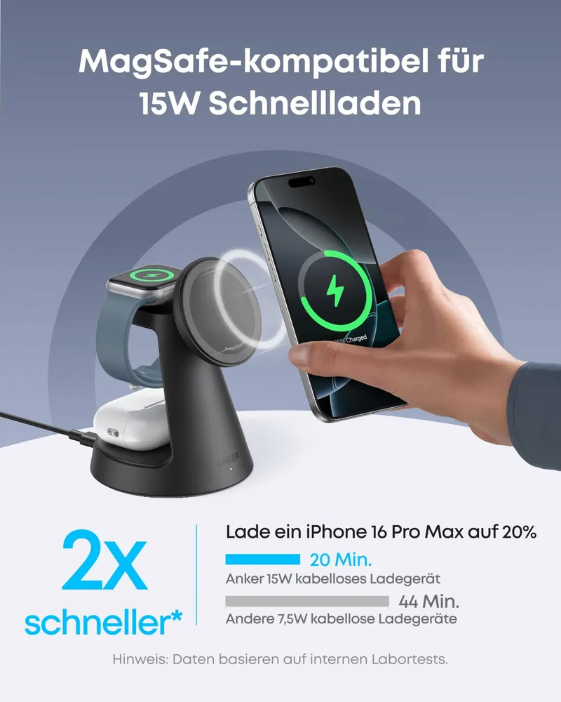 ANKER MagGo Oplader 3-in-1 MagSafe iPhone Apple Watch AirPods Qi2 — foto 3